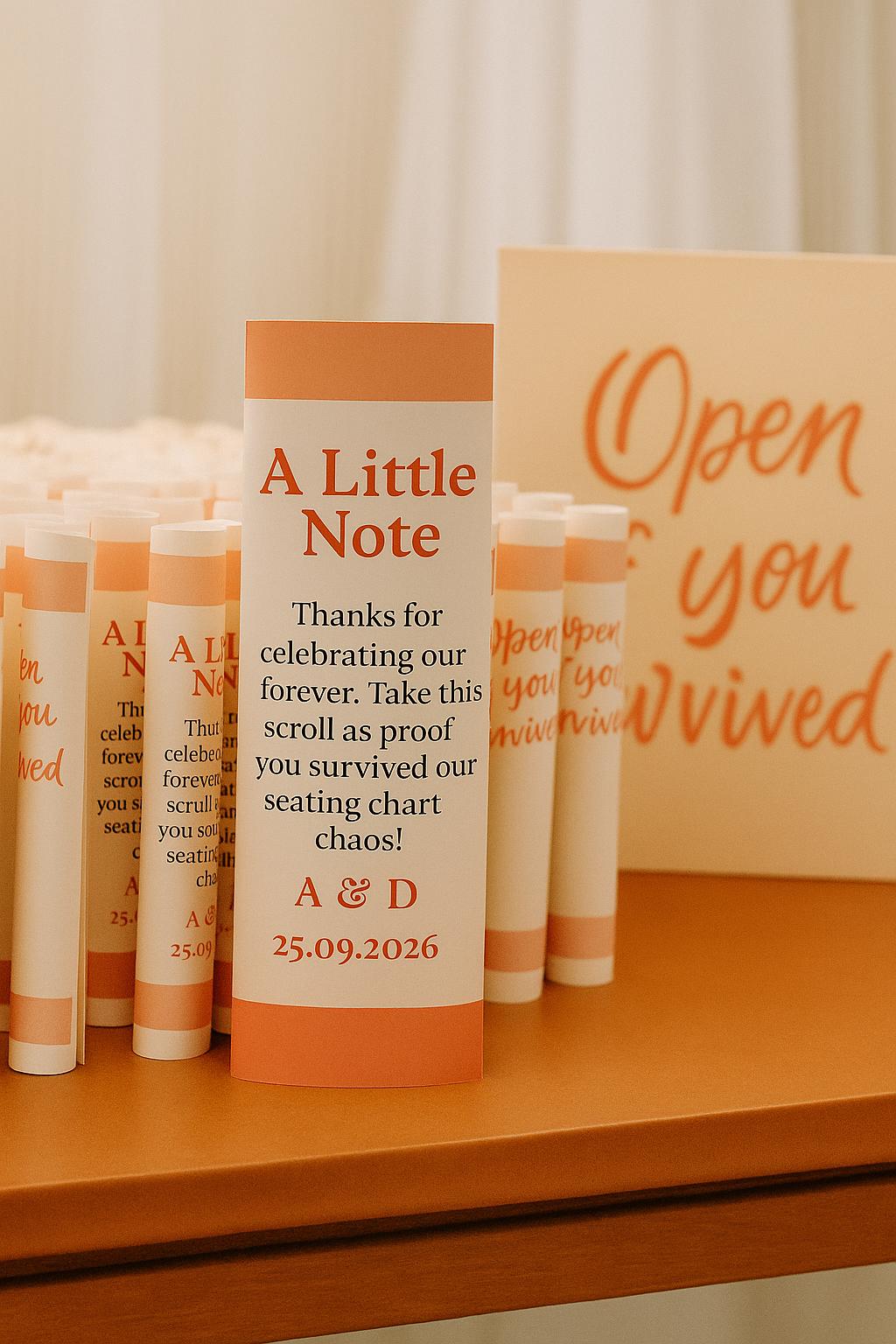 Funny Wedding Favor Scroll: Coral & Cream Seating Chart Chaos Note