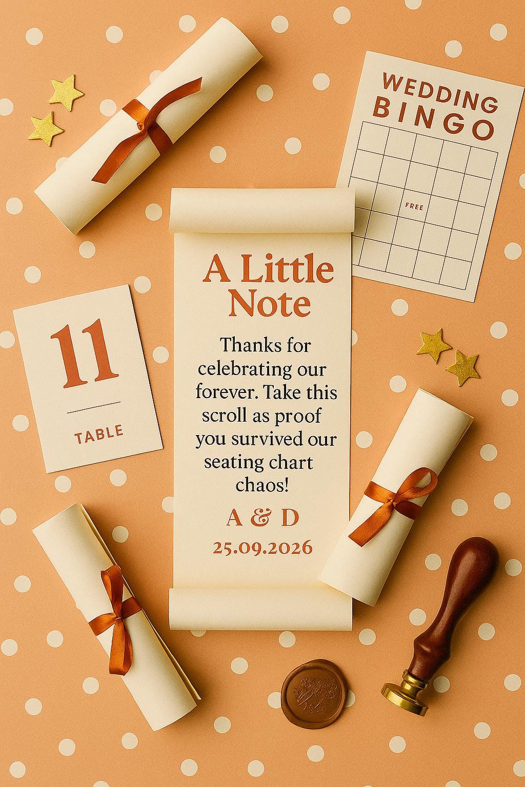 Funny Wedding Favor Scroll: Coral & Cream Seating Chart Chaos Note