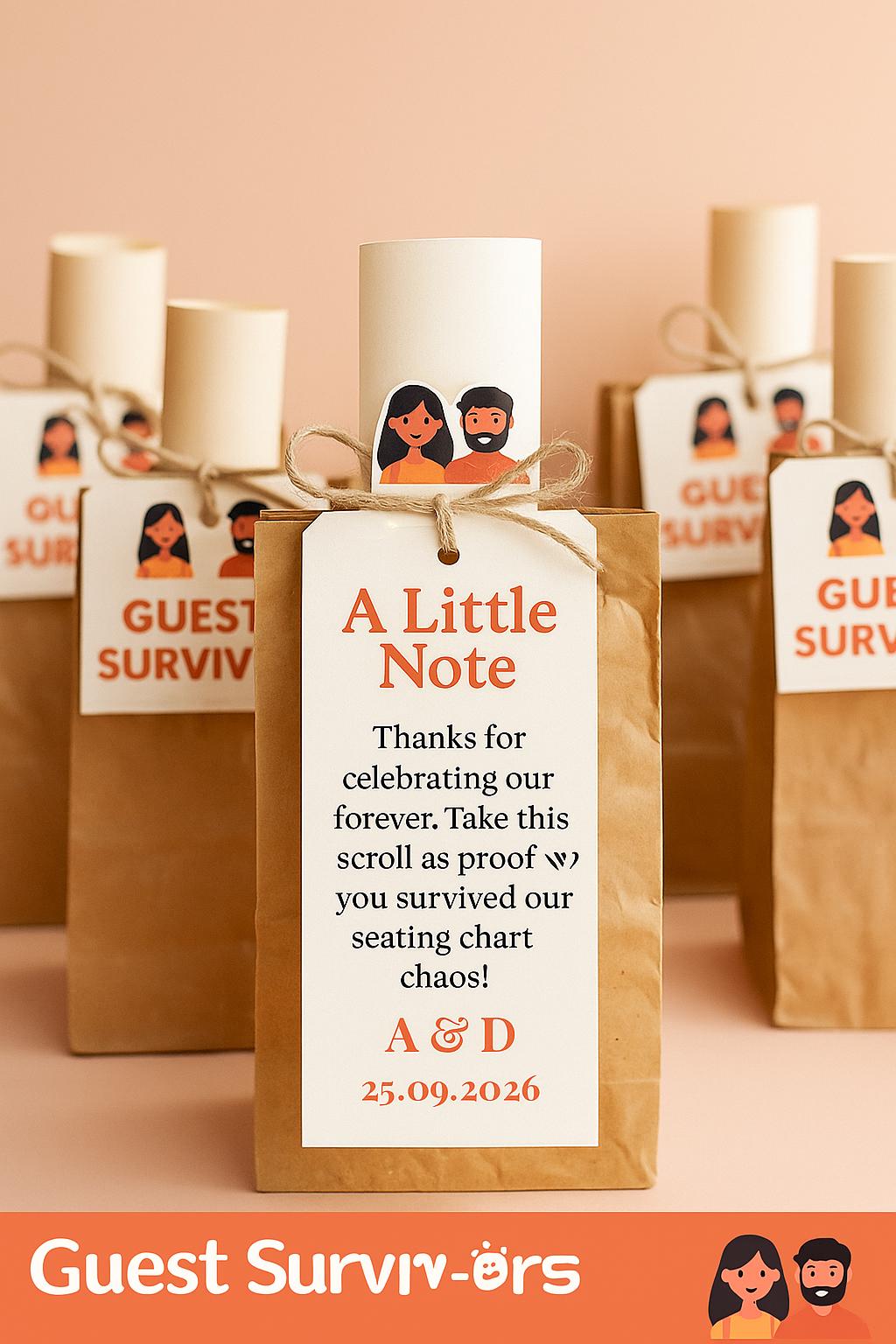 Funny Wedding Favor Scroll: Coral & Cream Seating Chart Chaos Note