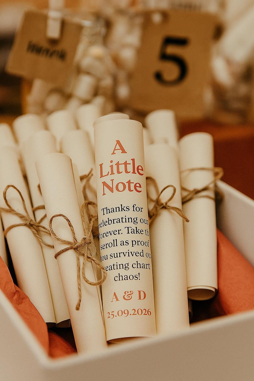 Funny Wedding Favor Scroll: Coral & Cream Seating Chart Chaos Note