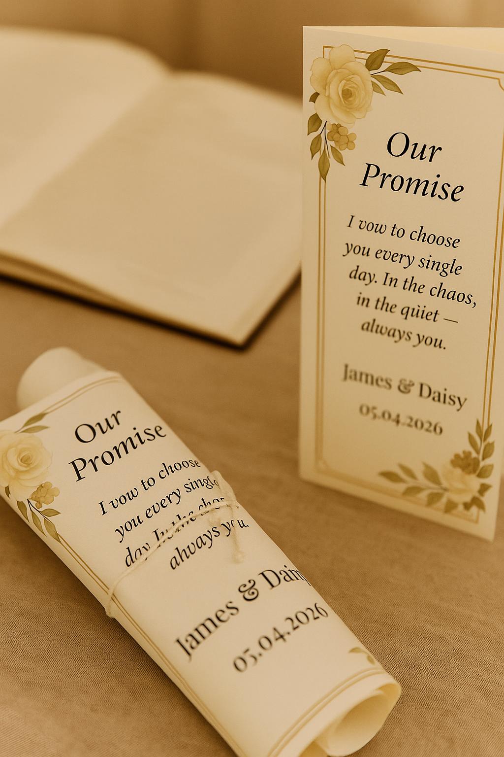 Cream & Gold Wedding Vow Scroll Favor: Floral Keepsake with Ribbon