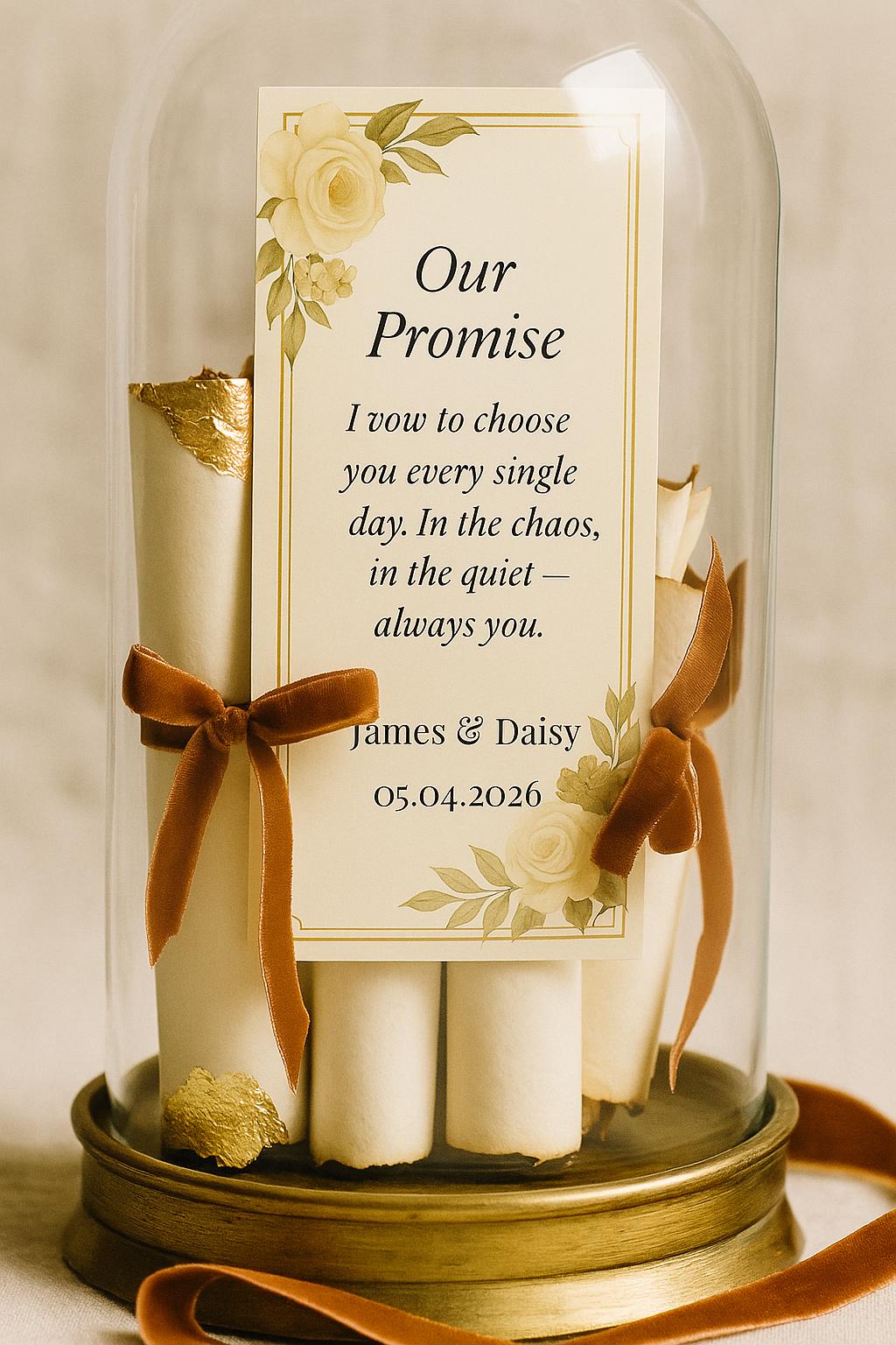 Cream & Gold Wedding Vow Scroll Favor: Floral Keepsake with Ribbon
