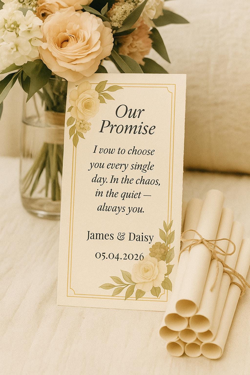 Cream & Gold Wedding Vow Scroll Favor: Floral Keepsake with Ribbon