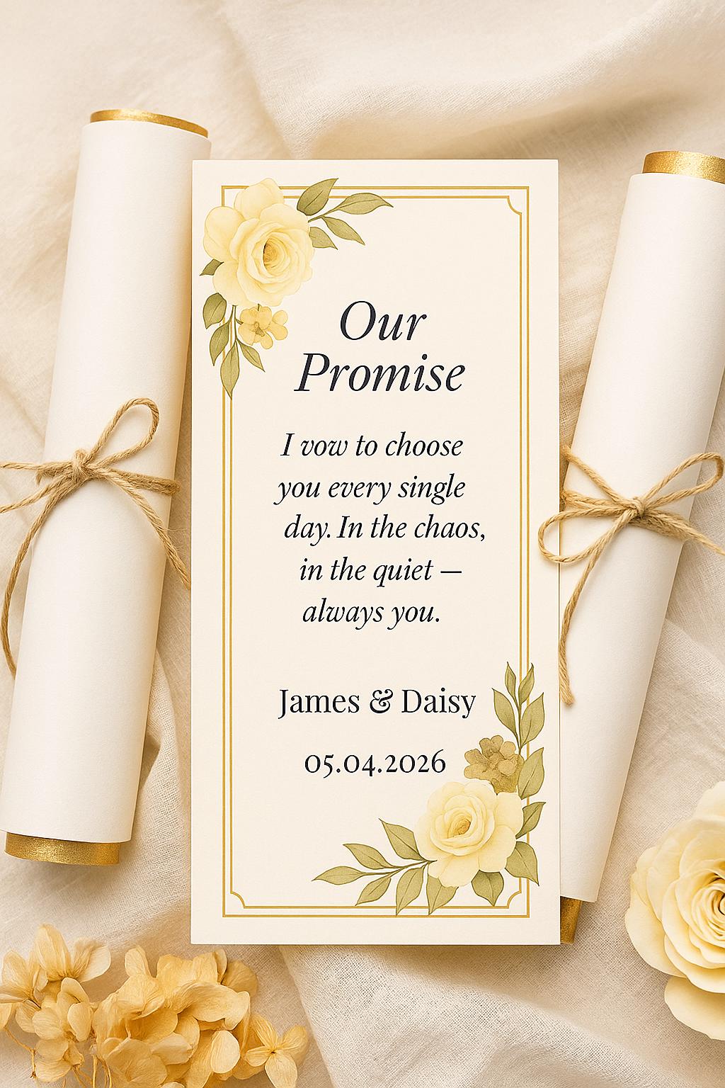 Cream & Gold Wedding Vow Scroll Favor: Floral Keepsake with Ribbon