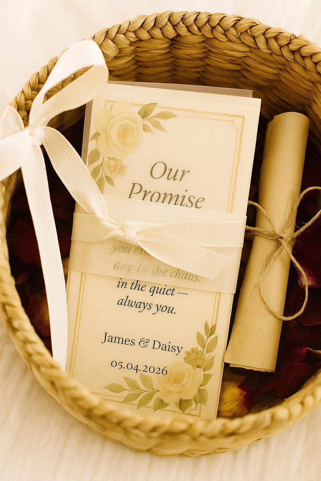Cream & Gold Wedding Vow Scroll Favor: Floral Keepsake with Ribbon