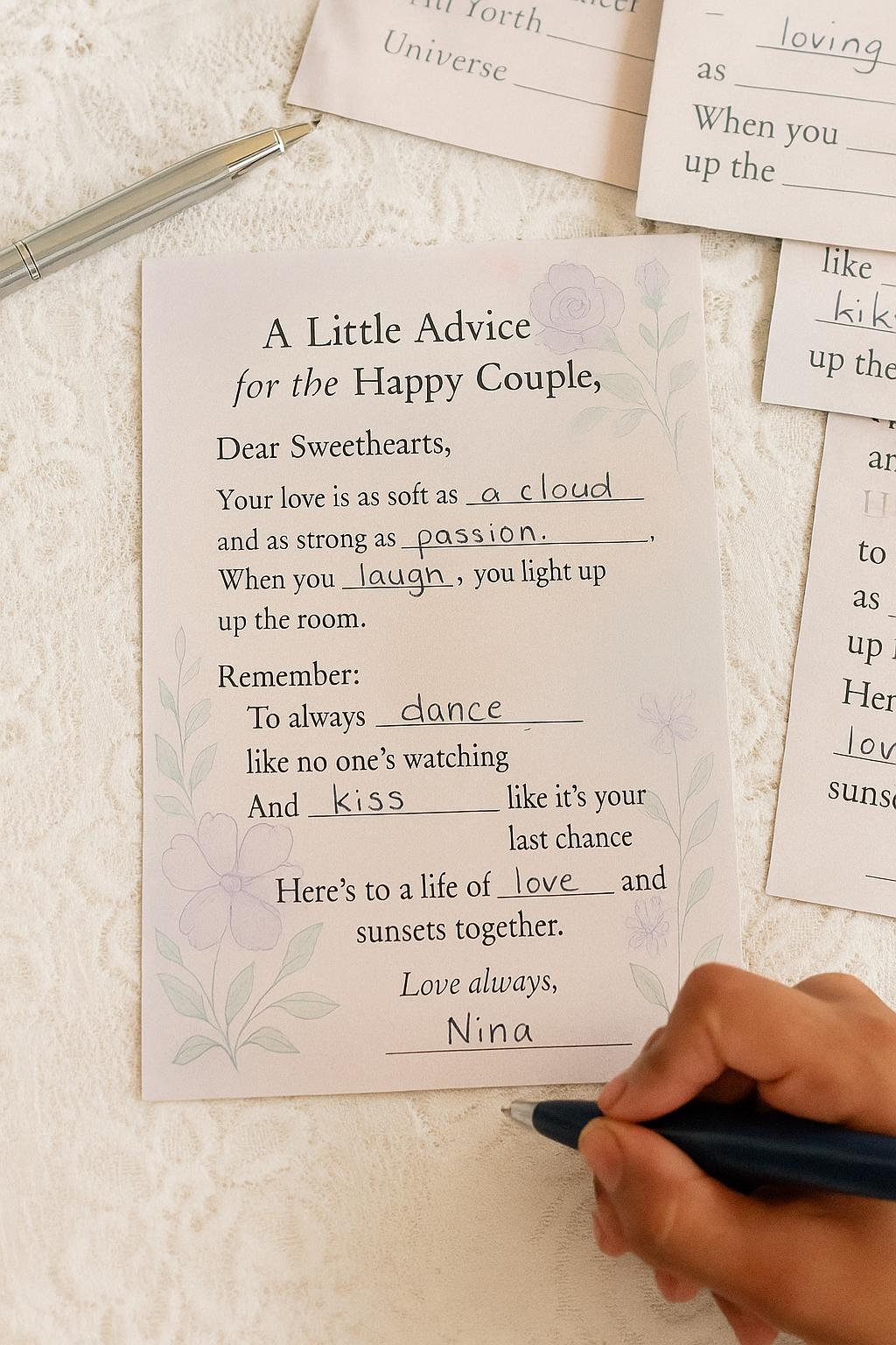 Watercolor Wedding Advice Cards: Fill-in-the-Blank Guest Activity