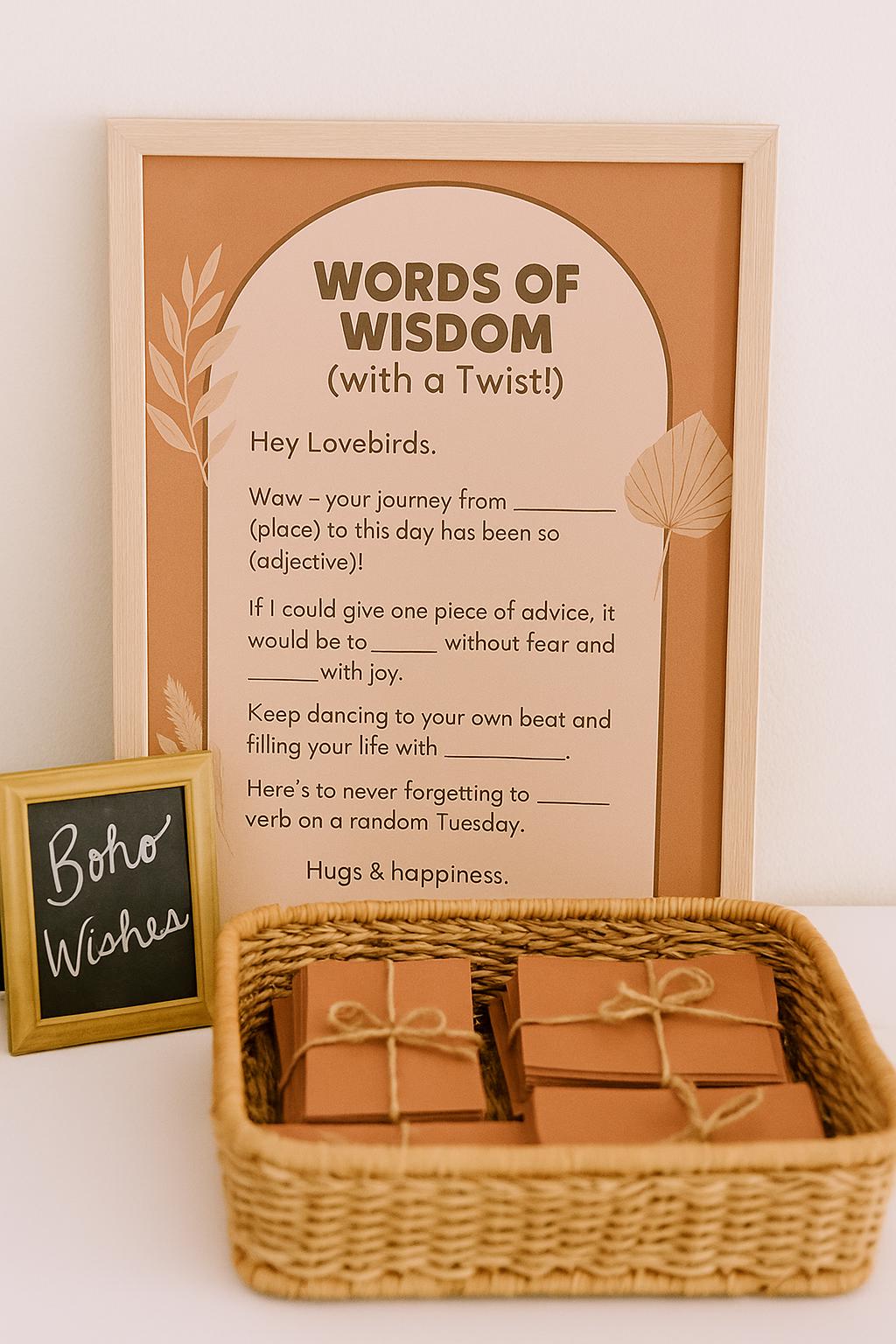 Boho Wedding Advice Cards: Funny Fill-in-the-Blank Guest Game