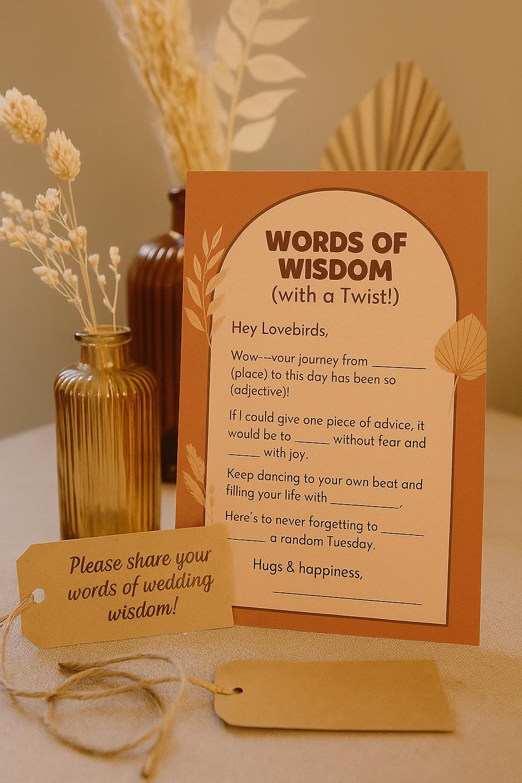 Boho Wedding Advice Cards: Funny Fill-in-the-Blank Guest Game