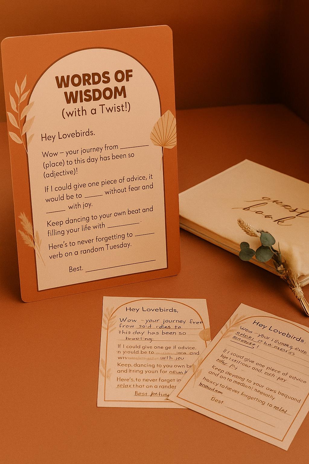 Boho Wedding Advice Cards: Funny Fill-in-the-Blank Guest Game