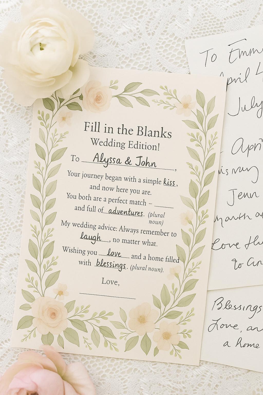 Floral Wedding Advice Mad Libs: Greenery Bridal Shower Game