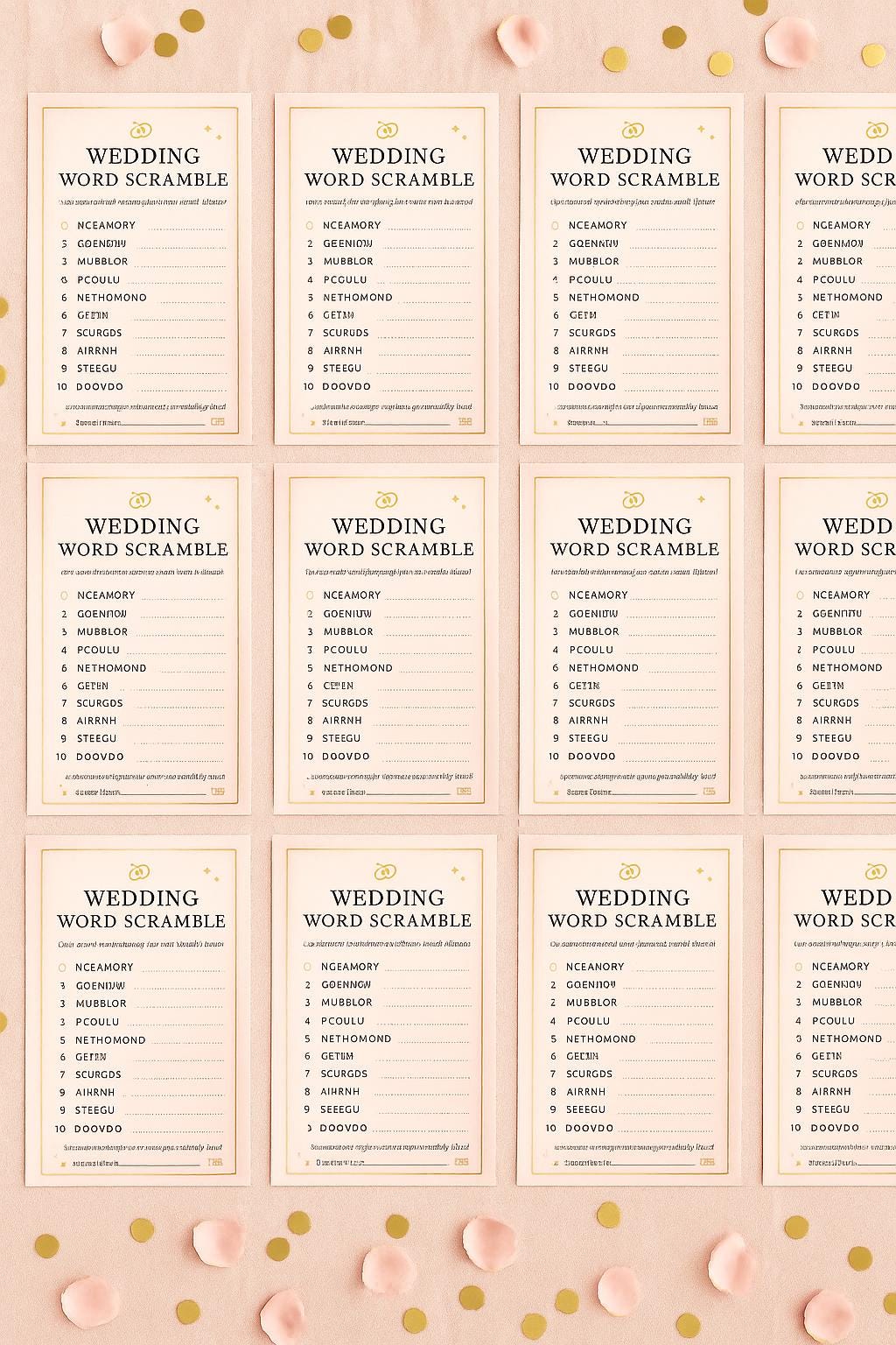 Elegant Wedding Word Scramble Game: Pink & Gold Bridal Shower (50-250 pcs