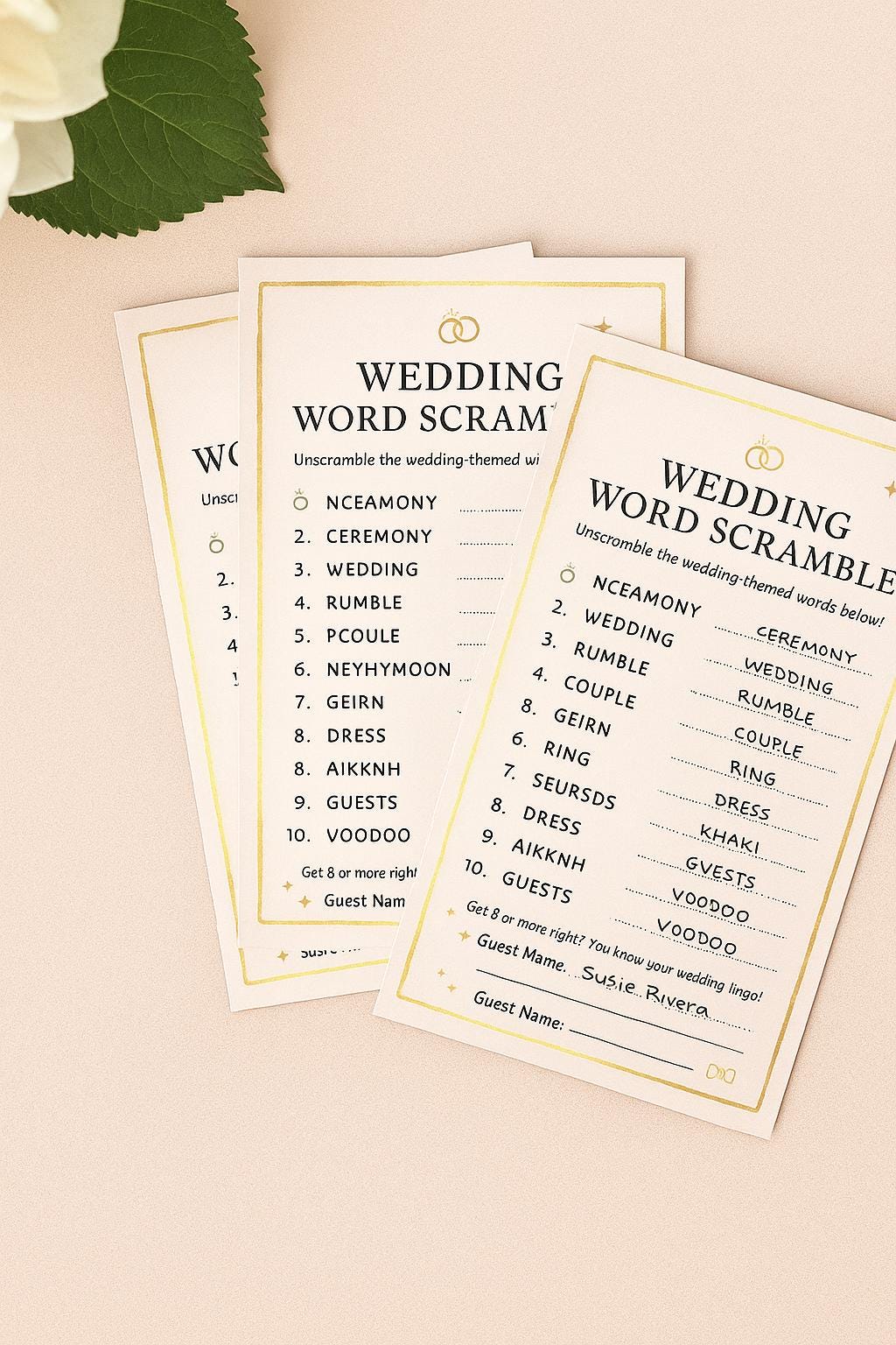Elegant Wedding Word Scramble Game: Pink & Gold Bridal Shower (50-250 pcs