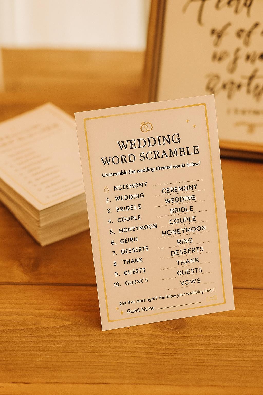 Elegant Wedding Word Scramble Game: Pink & Gold Bridal Shower (50-250 pcs