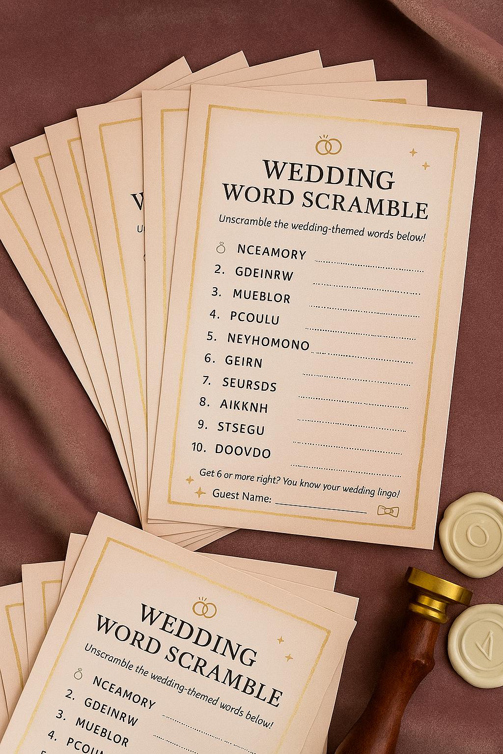 Elegant Wedding Word Scramble Game: Pink & Gold Bridal Shower (50-250 pcs