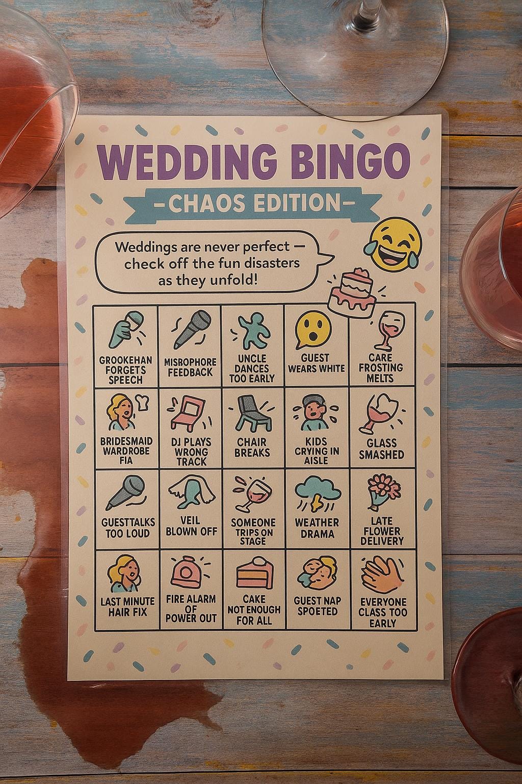 Funny Wedding Bingo Cards: Chaos Edition Reception Game