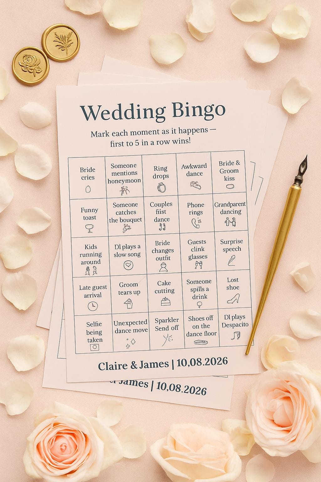 Wedding Bingo Game: Funny Reception Guest Activity - Elegant Card Pack