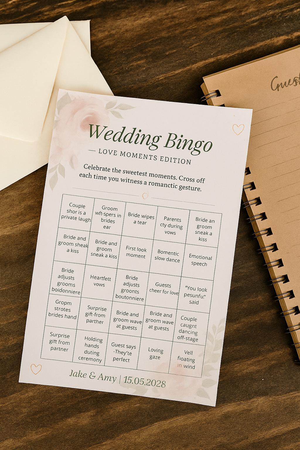 Floral Wedding Bingo Game: Love Moments Edition, Elegant Guest Activity