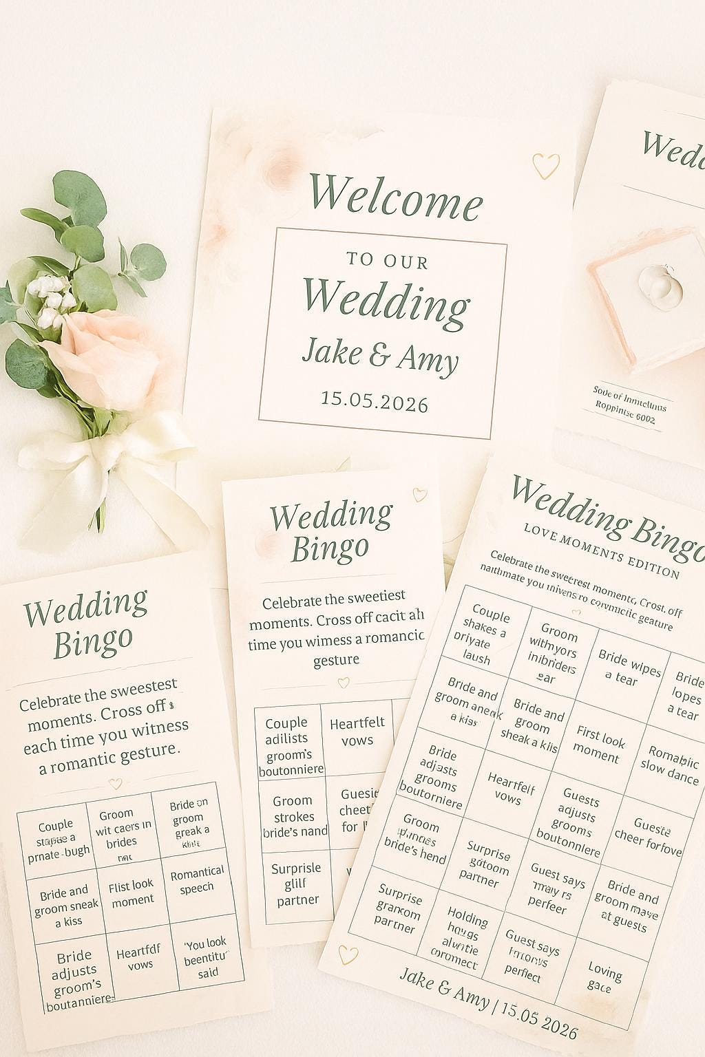 Floral Wedding Bingo Game: Love Moments Edition, Elegant Guest Activity