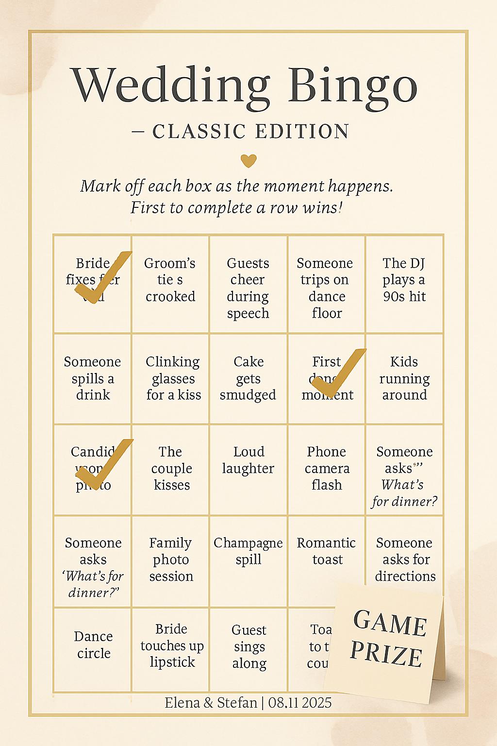 Elegant Wedding Bingo Game: Reception Icebreaker (Printable or Printed Bundle)
