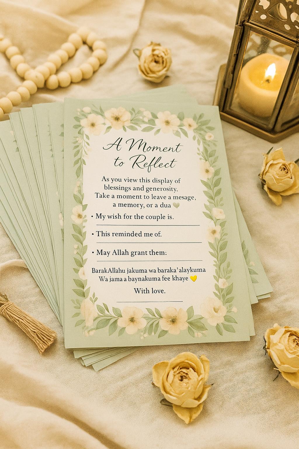 Sage Green Floral Islamic Wedding Reflection Cards: Dua & Barakah Wishes