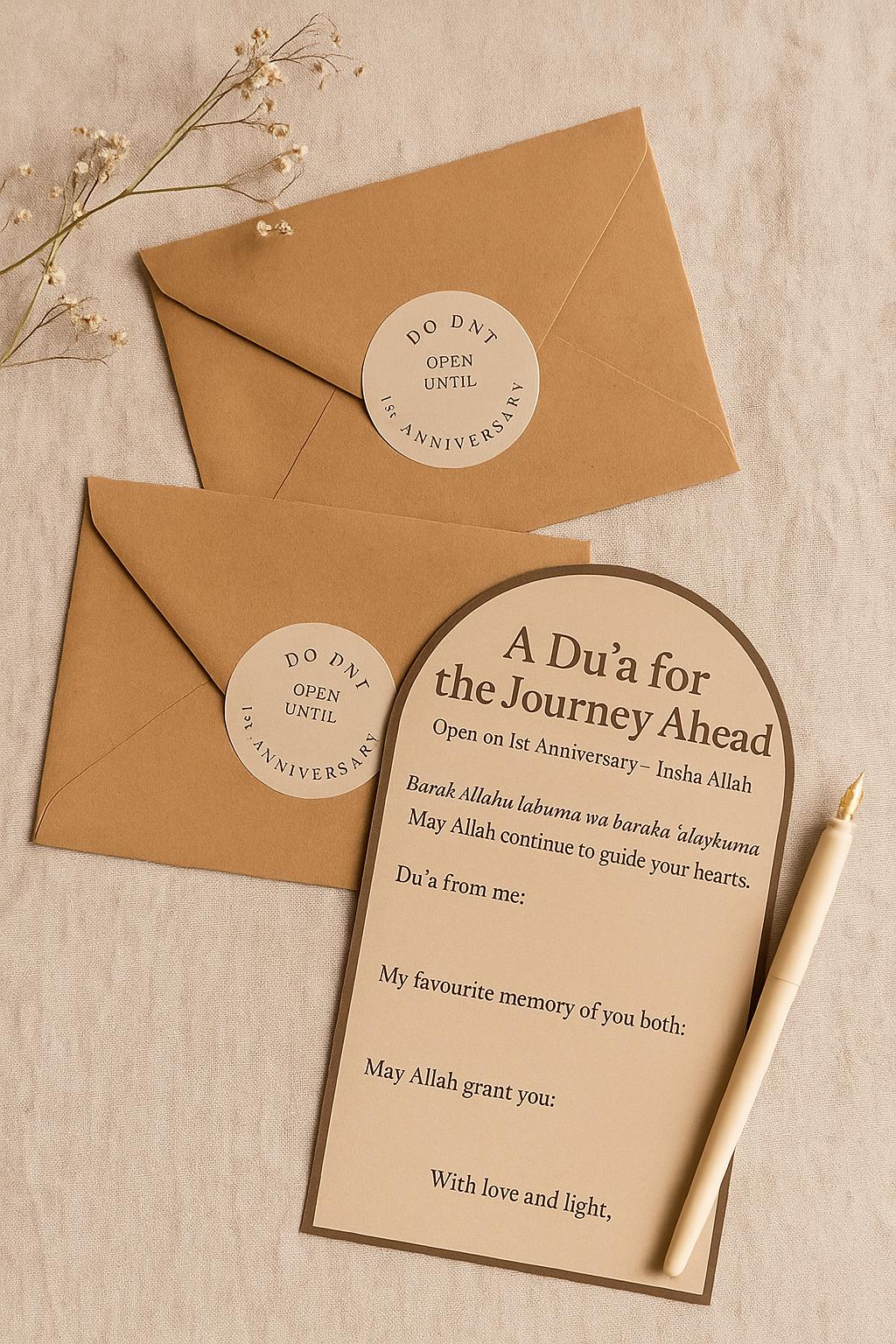 Islamic 1st Anniversary Time Capsule Card – Personalized Mocha Dua Keepsake for Nikah Guests