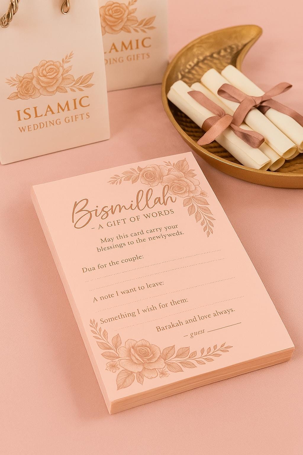 Rose Gold Bismillah Wedding Cards: Muslim Guest Blessings, Nikkah Dua