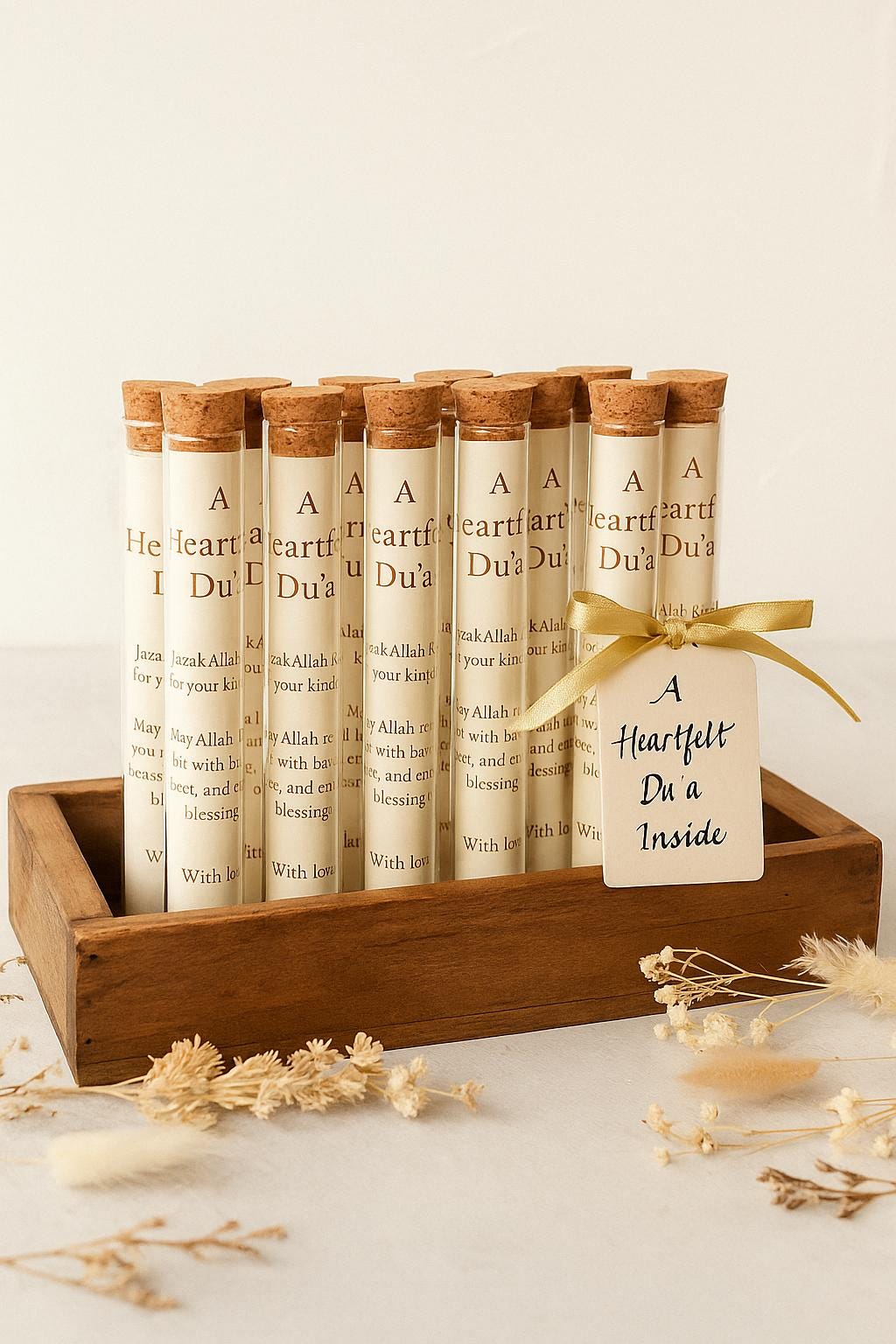 Islamic Wedding Favor: Du'a Scroll in Glass Tube with Baby's Breath