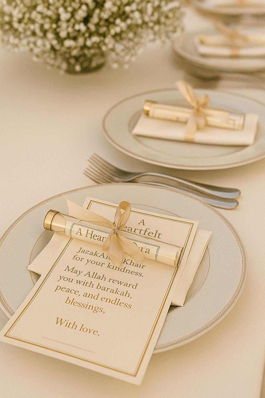 Islamic Wedding Favor: Du'a Scroll in Glass Tube with Baby's Breath