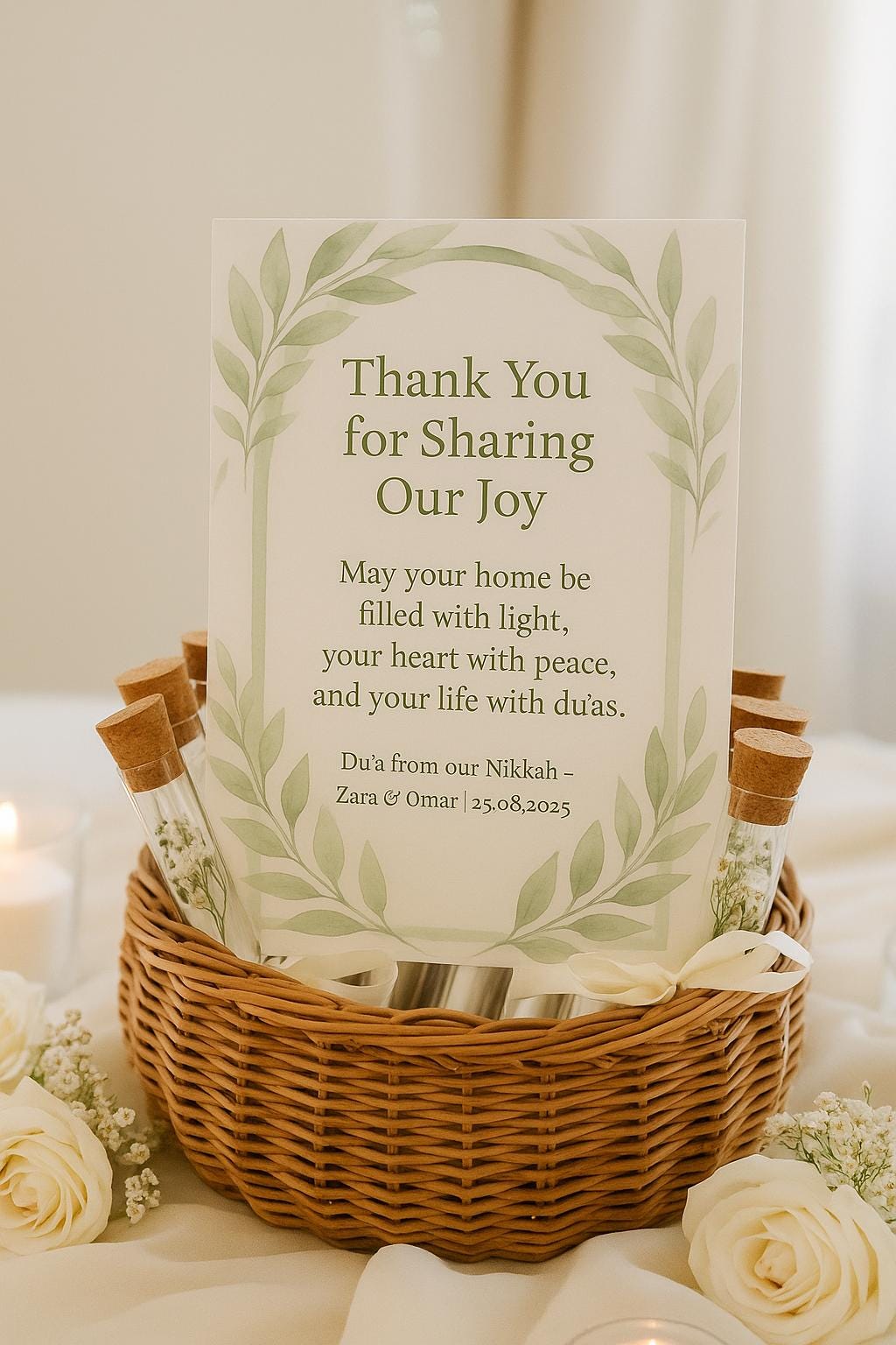 Islamic Wedding Favor: Du’ā Scroll, Wooden Cork & Ribbon - Nikah Gift