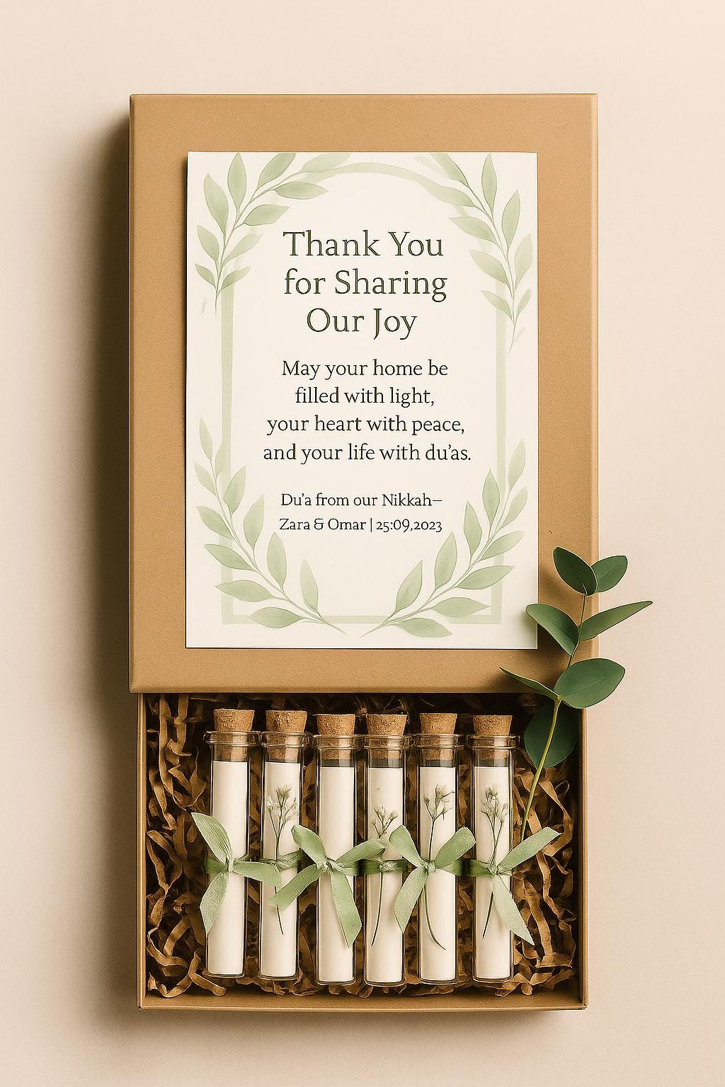 Islamic Wedding Favor: Du’ā Scroll, Wooden Cork & Ribbon - Nikah Gift