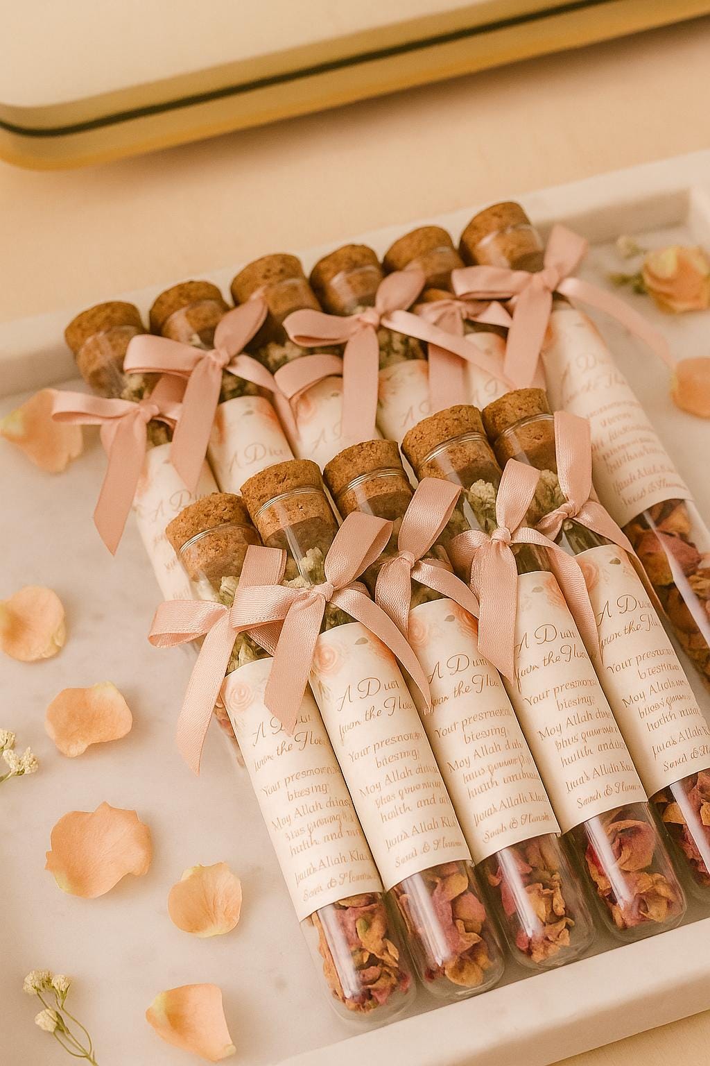 Islamic Wedding Favor: Du'a Scroll in Glass Tube with Ribbon
