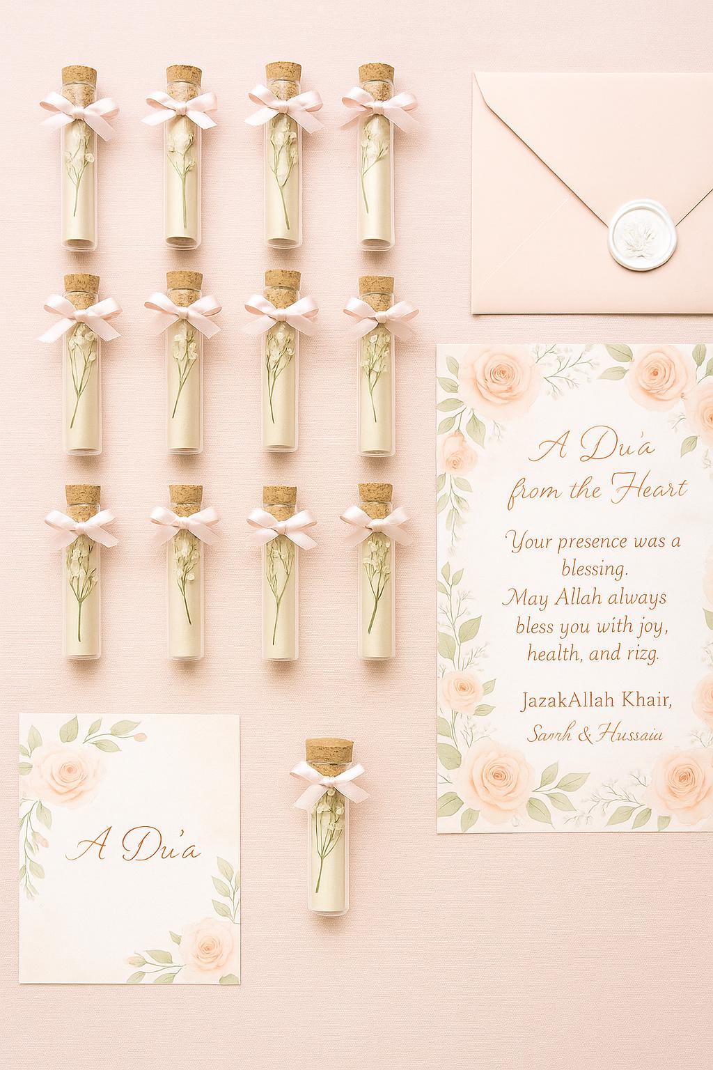 Islamic Wedding Favor: Du'a Scroll in Glass Tube with Ribbon