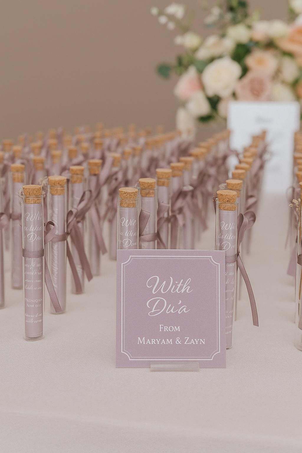 Lilac Islamic Wedding Favor: Du'a Scroll in Glass Tube