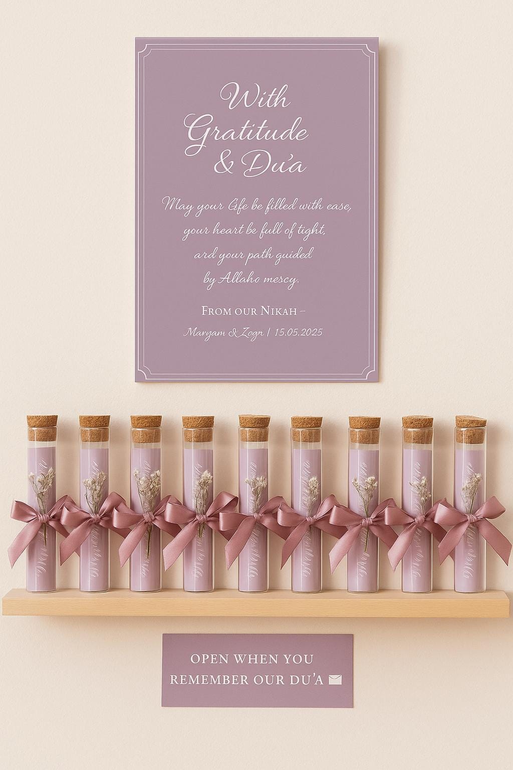 Lilac Islamic Wedding Favor: Du'a Scroll in Glass Tube