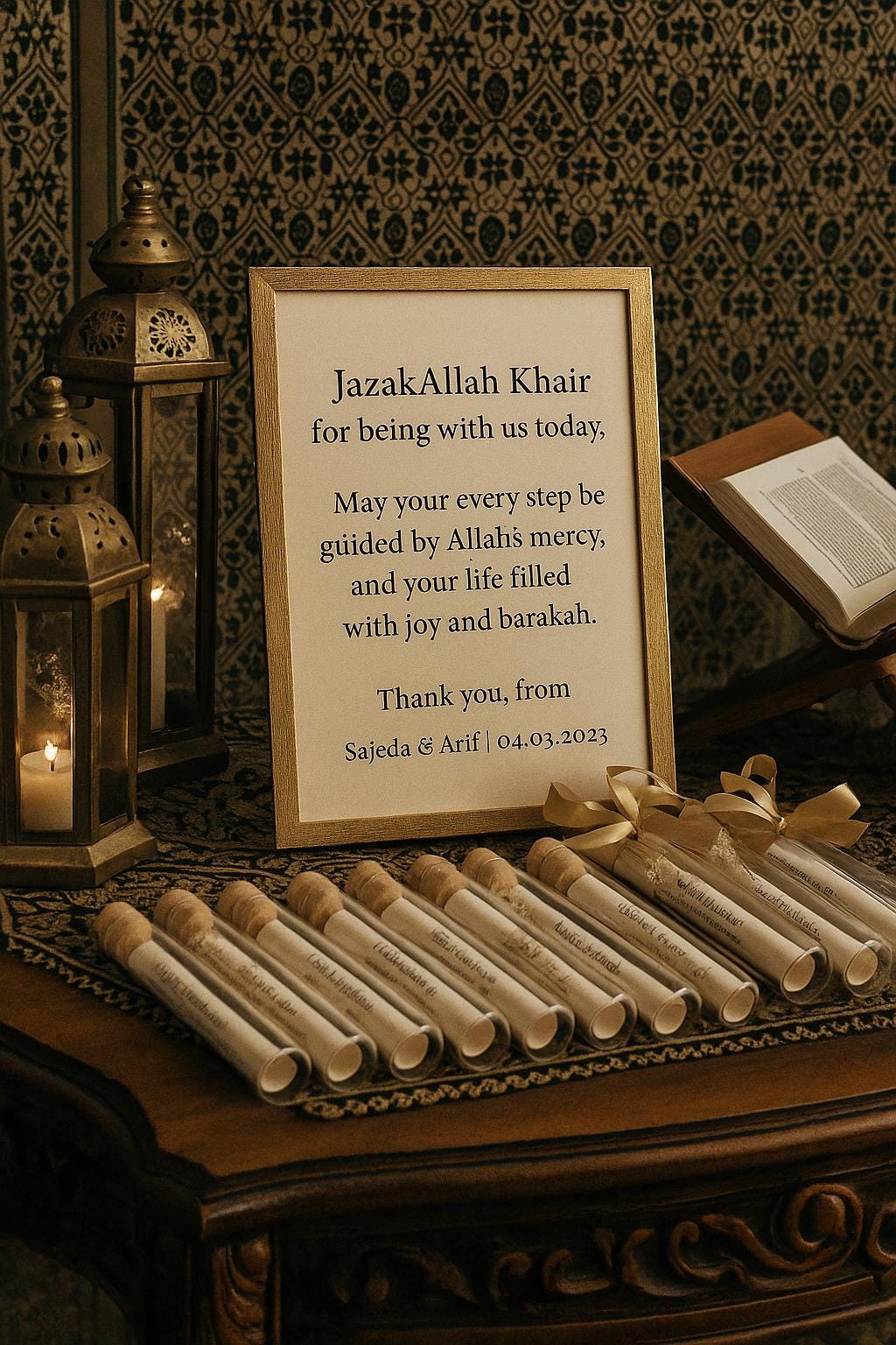 Gold Islamic Wedding Favor: Dua Scroll Keepsake with Ribbon