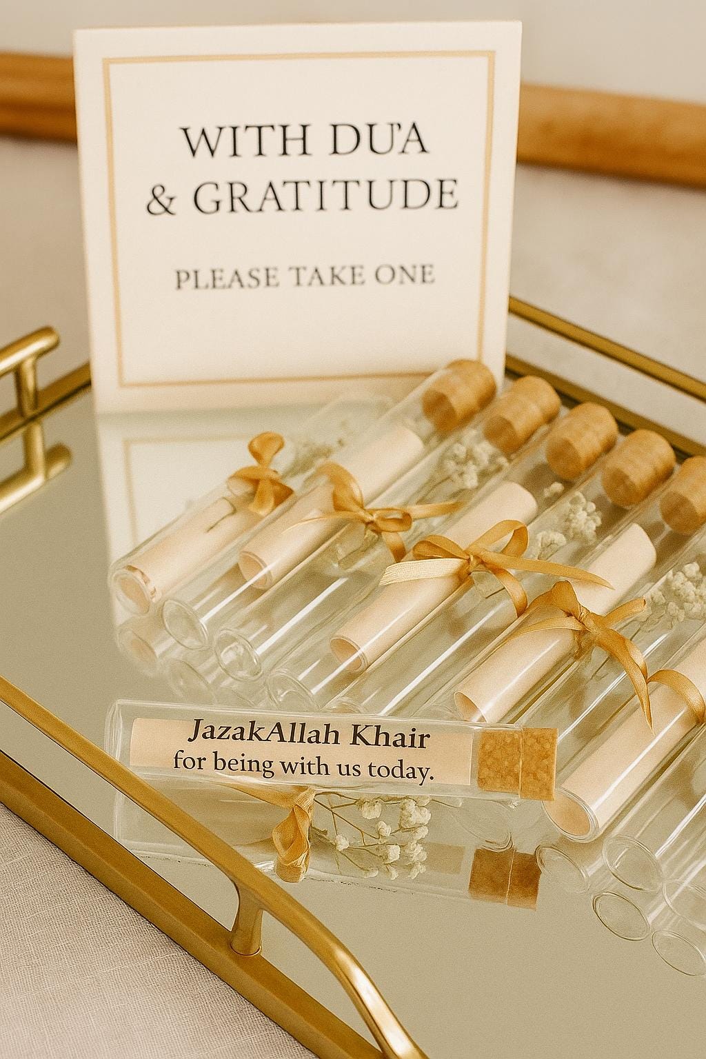 Gold Islamic Wedding Favor: Dua Scroll Keepsake with Ribbon
