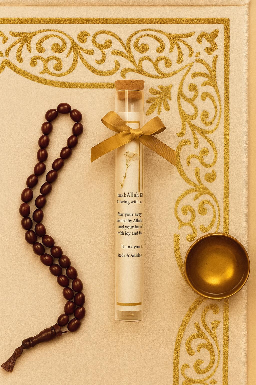 Gold Islamic Wedding Favor: Dua Scroll Keepsake with Ribbon