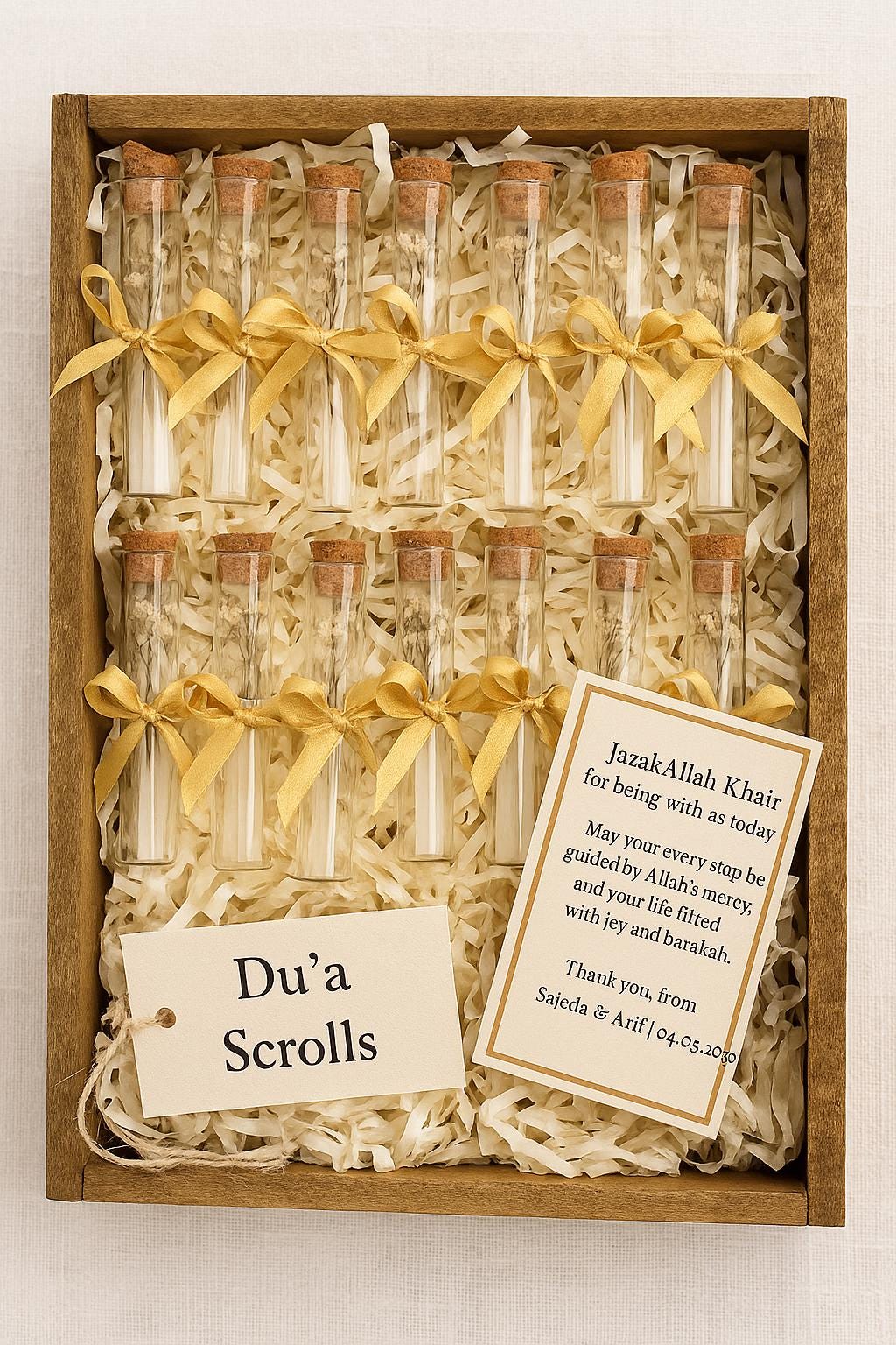 Gold Islamic Wedding Favor: Dua Scroll Keepsake with Ribbon