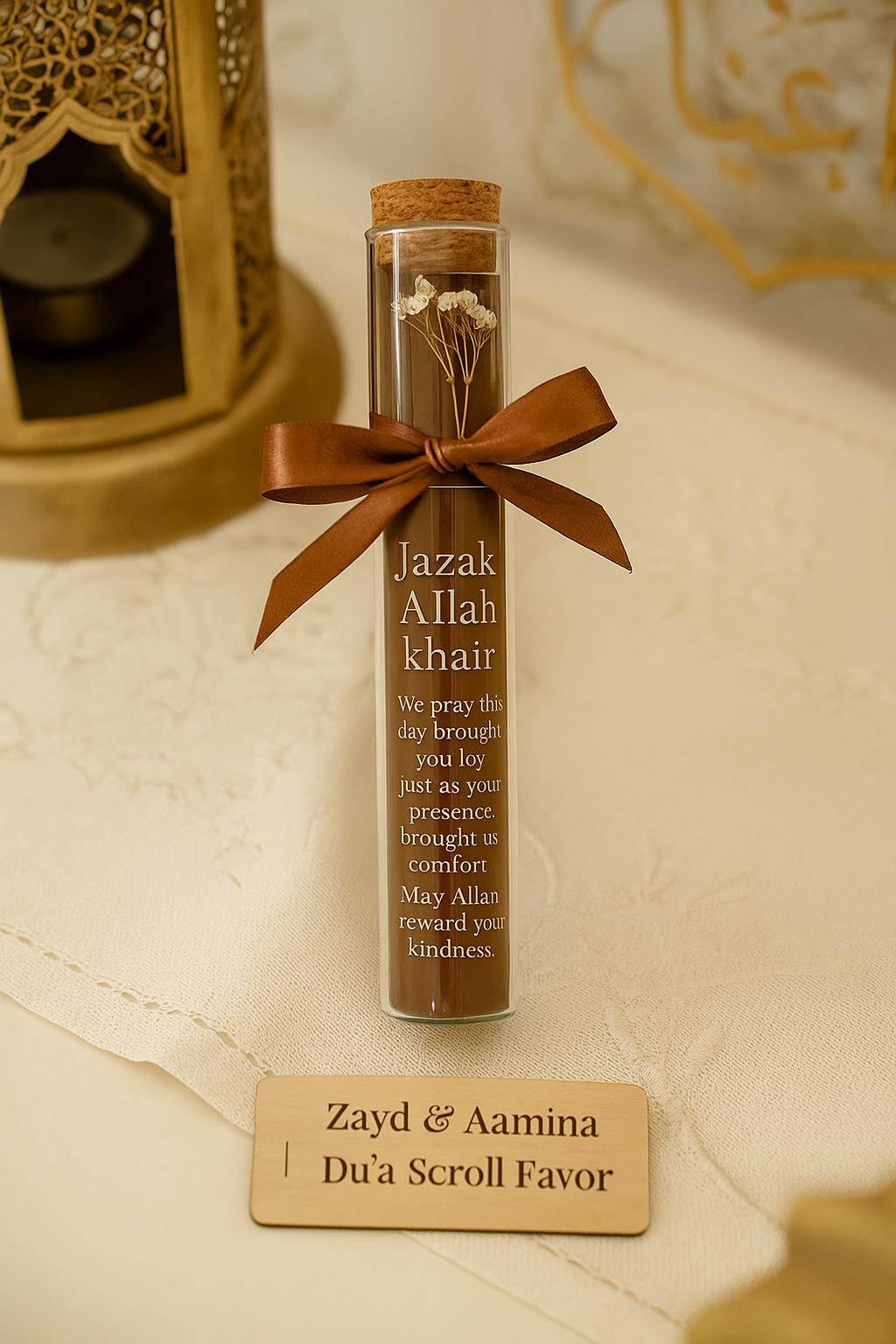 Islamic Wedding Favor: Dua Scroll in Glass Tube with Brown Ribbon