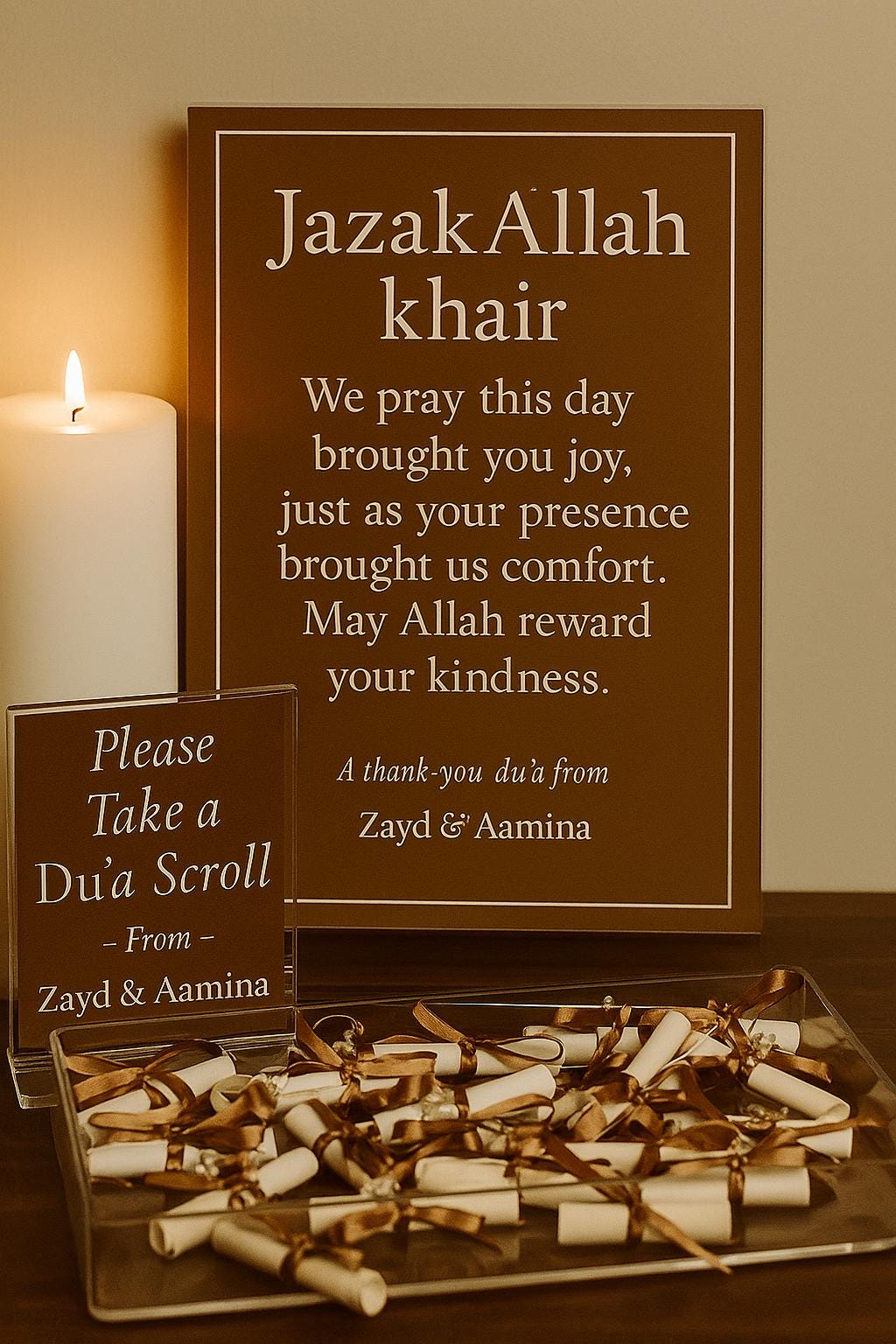 Islamic Wedding Favor: Dua Scroll in Glass Tube with Brown Ribbon