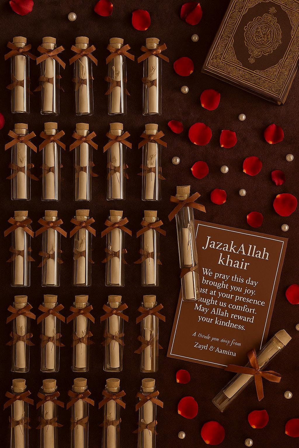 Islamic Wedding Favor: Dua Scroll in Glass Tube with Brown Ribbon