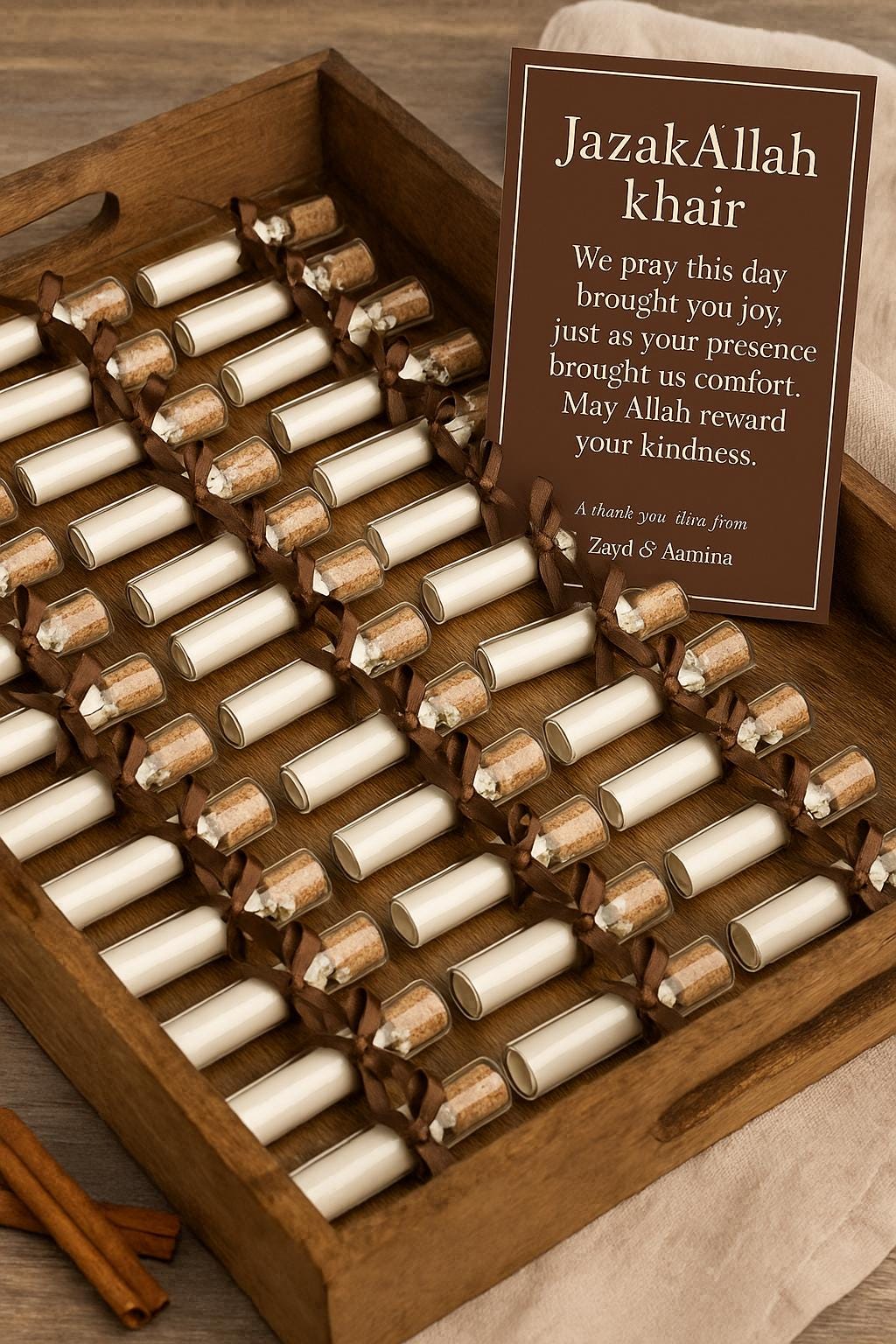 Islamic Wedding Favor: Dua Scroll in Glass Tube with Brown Ribbon