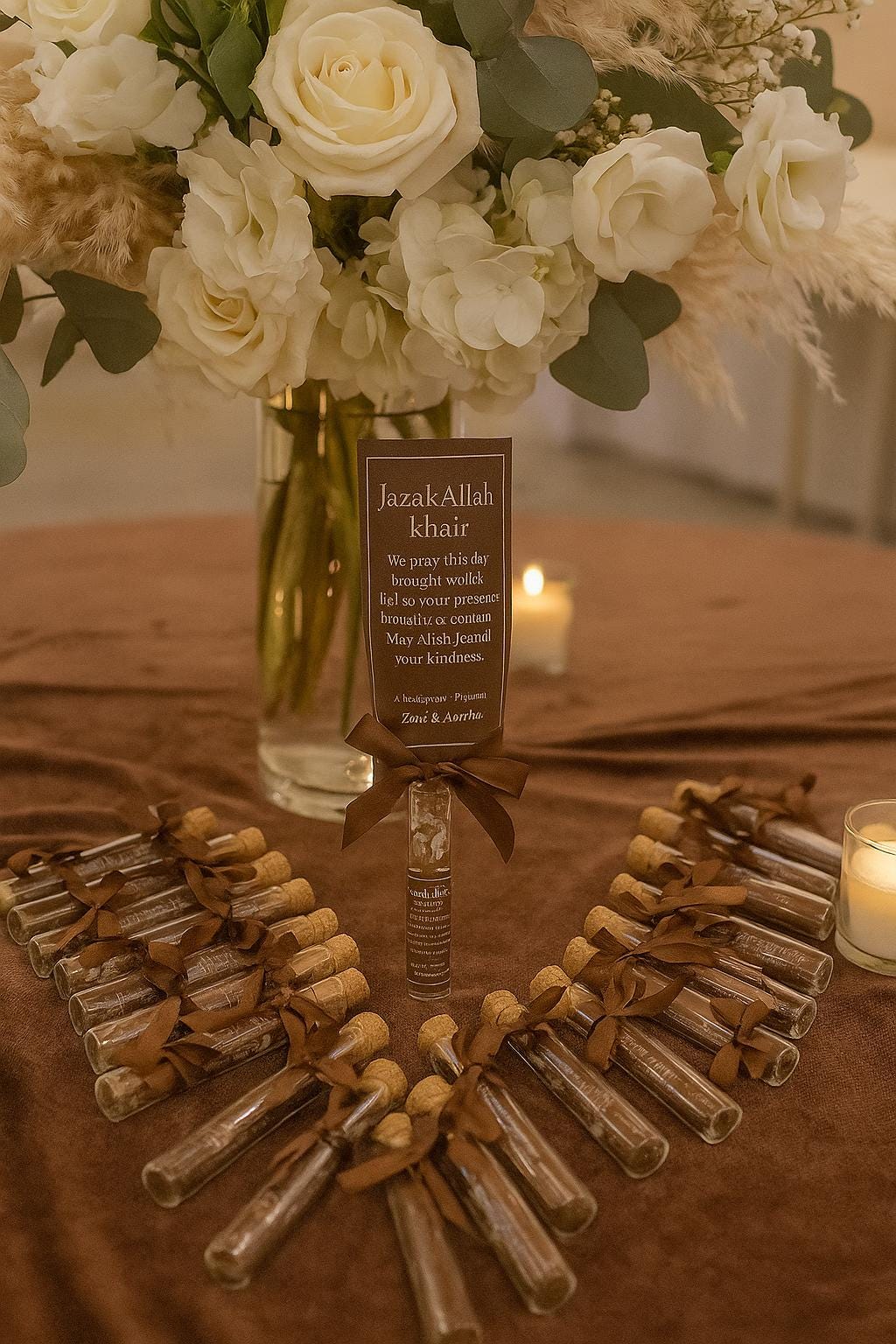 Islamic Wedding Favor: Dua Scroll in Glass Tube with Brown Ribbon
