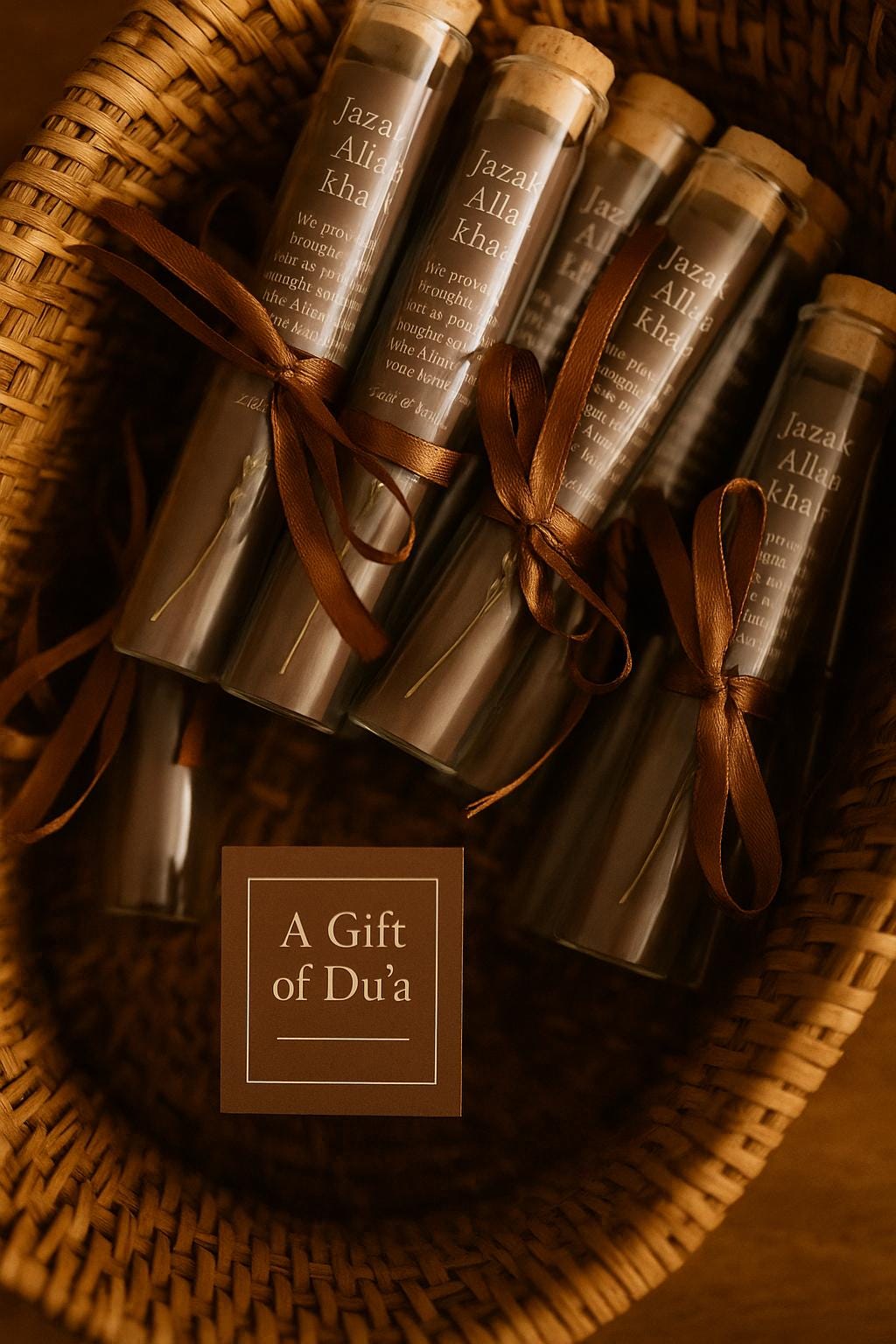 Islamic Wedding Favor: Dua Scroll in Glass Tube with Brown Ribbon