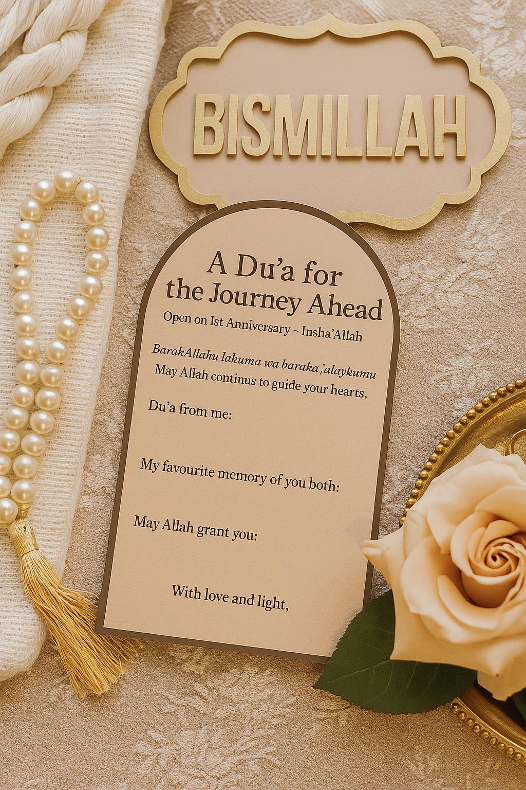 Islamic 1st Anniversary Time Capsule Card – Personalized Mocha Dua Keepsake for Nikah Guests