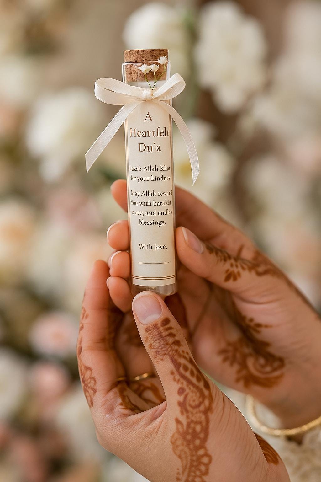 Islamic Wedding Favor: Du'a Scroll in Glass Tube with Baby's Breath