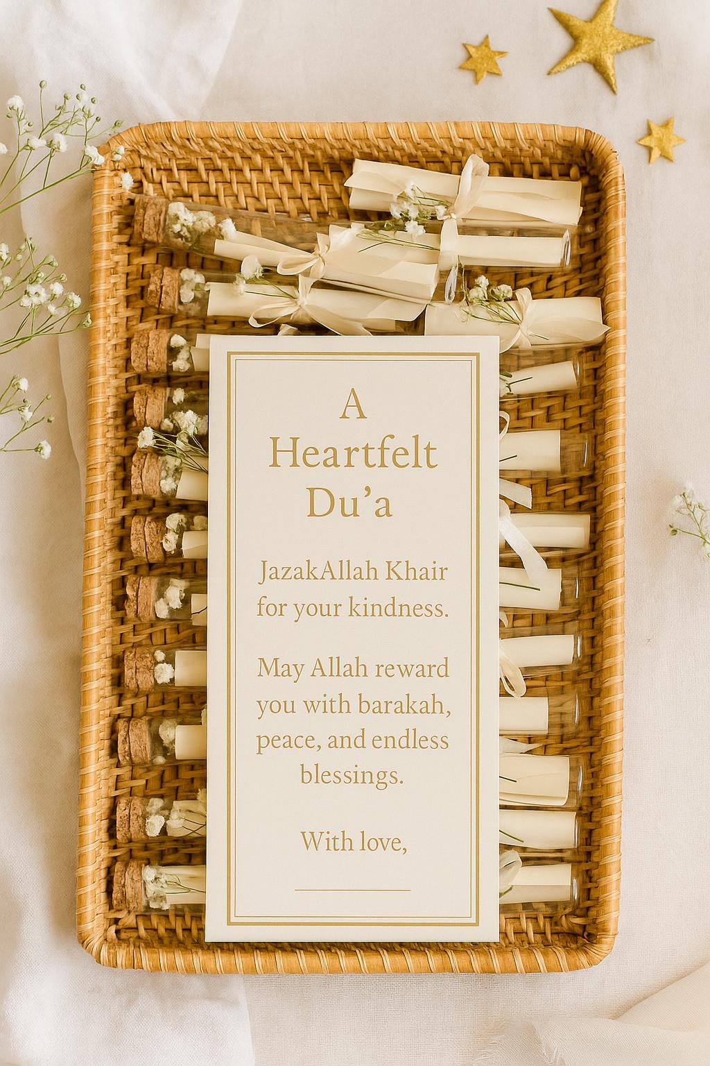 Islamic Wedding Favor: Du'a Scroll in Glass Tube with Baby's Breath