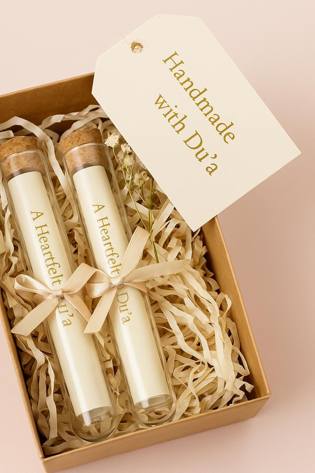 Islamic Wedding Favor: Du'a Scroll in Glass Tube with Baby's Breath