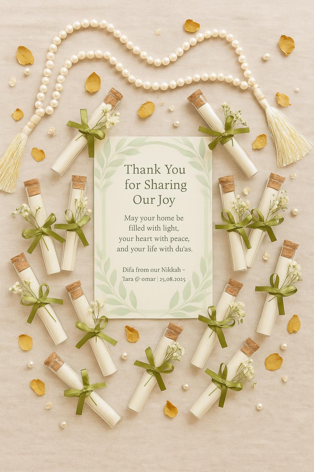 Islamic Wedding Favor: Du’ā Scroll, Wooden Cork & Ribbon - Nikah Gift