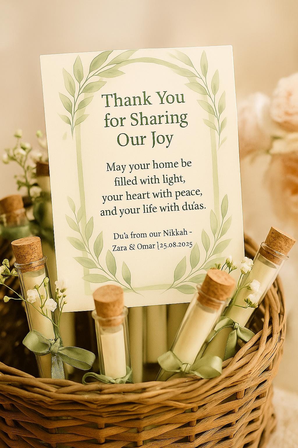 Islamic Wedding Favor: Du’ā Scroll, Wooden Cork & Ribbon - Nikah Gift